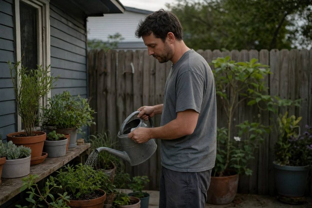 person watering backyard pots in the early evening to unwind