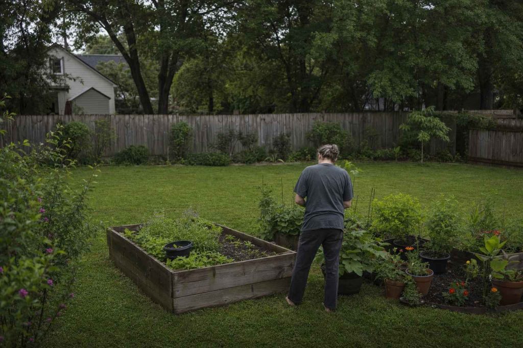 person small in frame tending a modest, tidy small garden