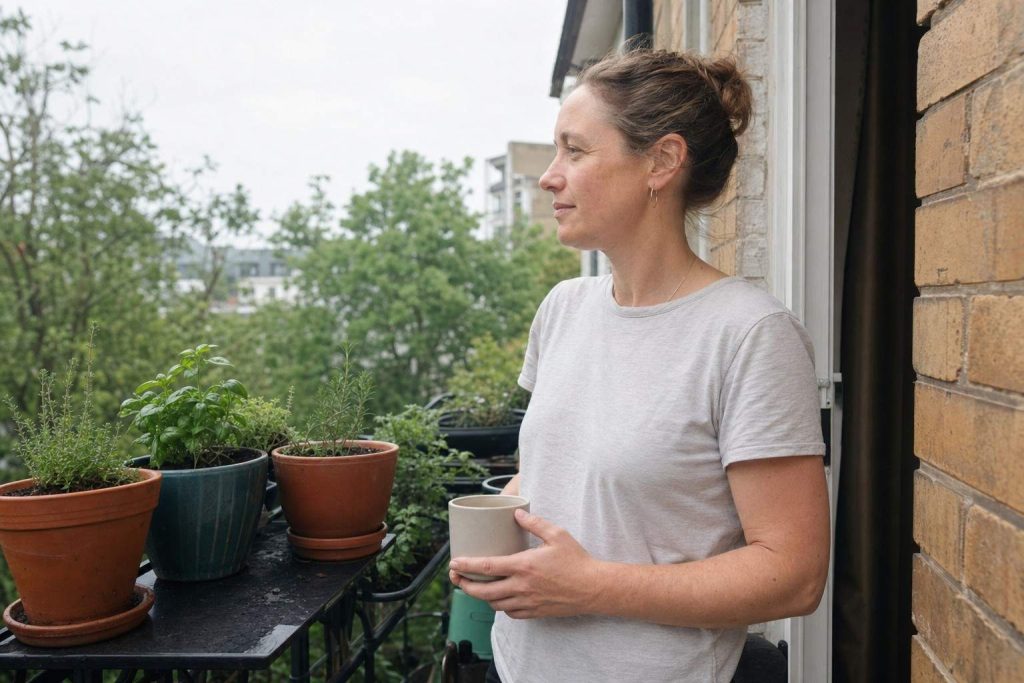 person taking a calm coffee break beside a few patio pots