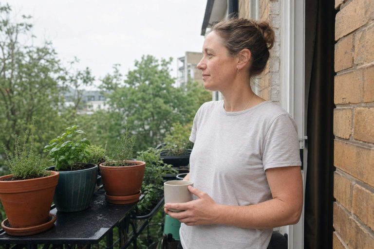 person taking a calm coffee break beside a few patio pots