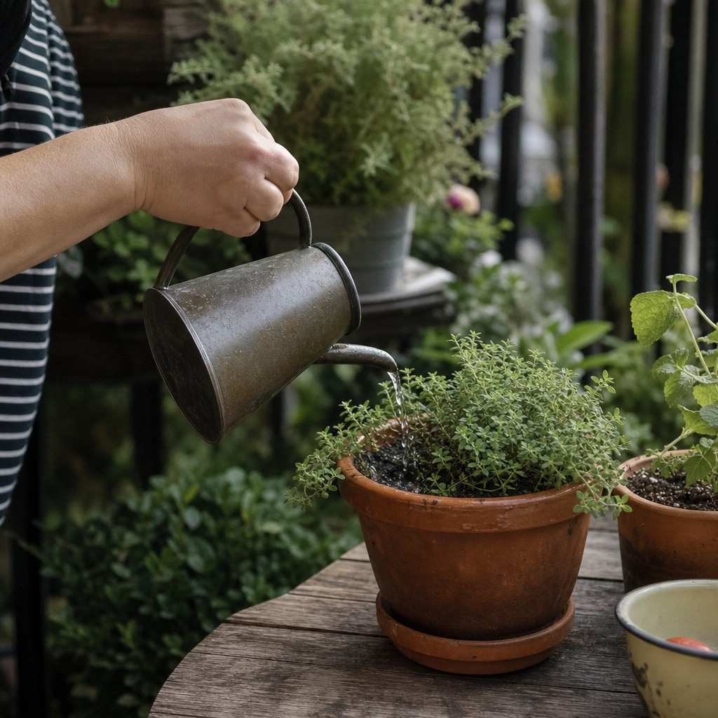 a hand tipping a small watering can over a potted herb on a patio in soft evening light