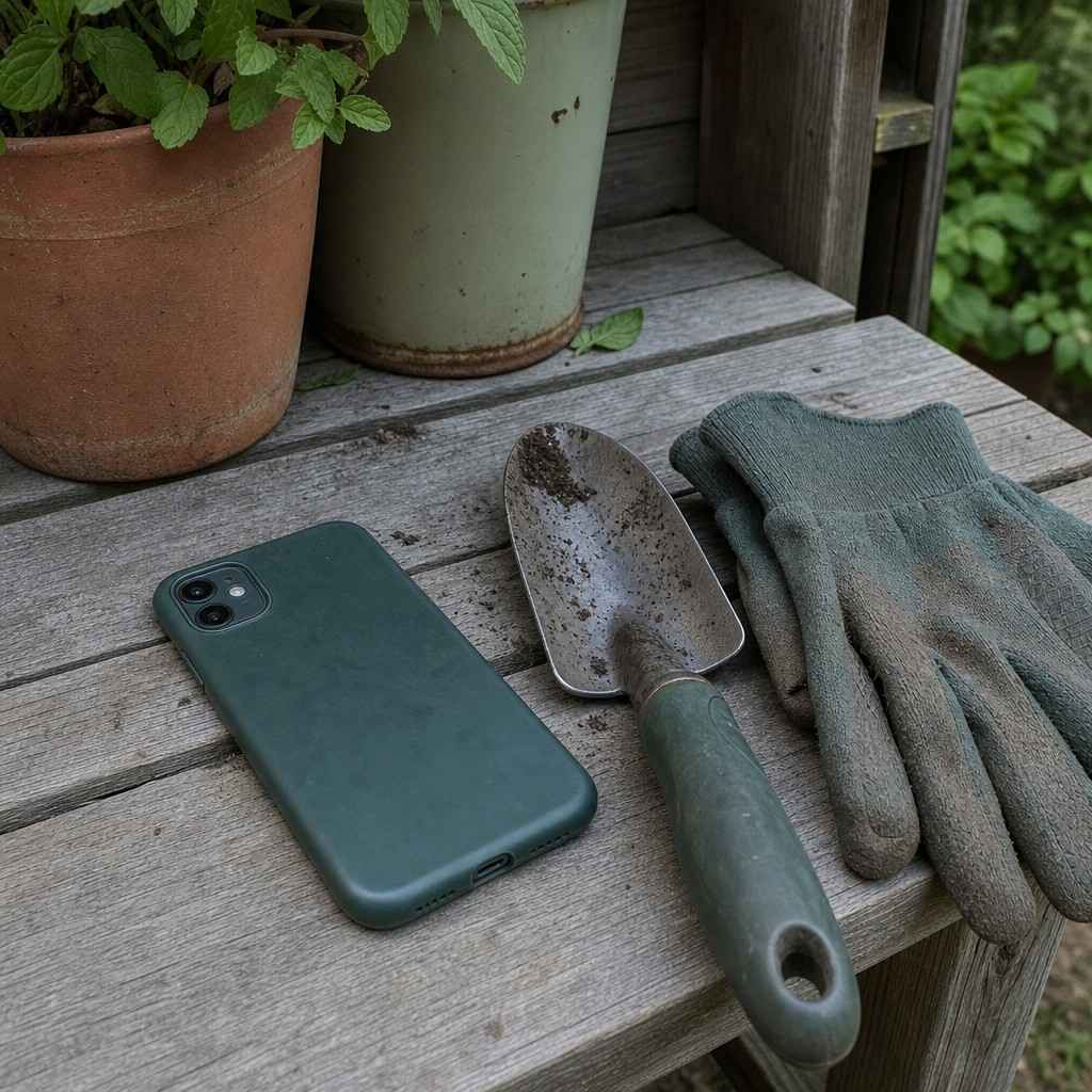 a phone lying face down beside a trowel and gloves on a weathered garden bench