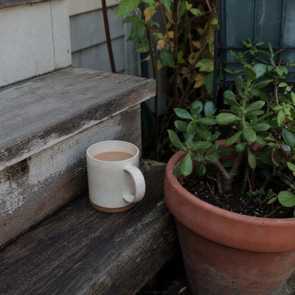 a mug of coffee resting on a worn garden step beside a potted plant in the morning