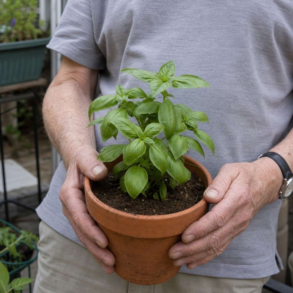 a pair of hands holding a single small potted herb