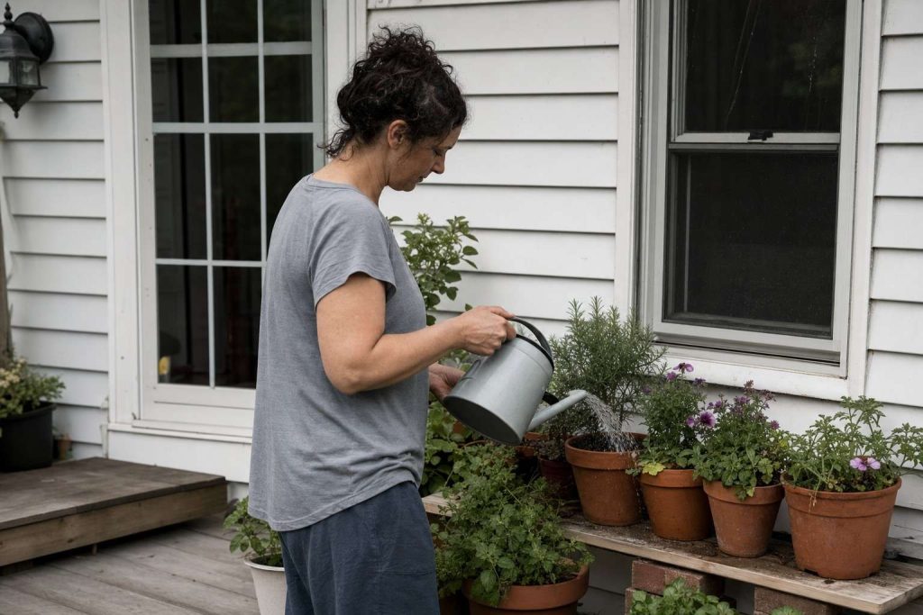 a person unhurriedly watering a cluster of potted herbs on a patio in soft morning light