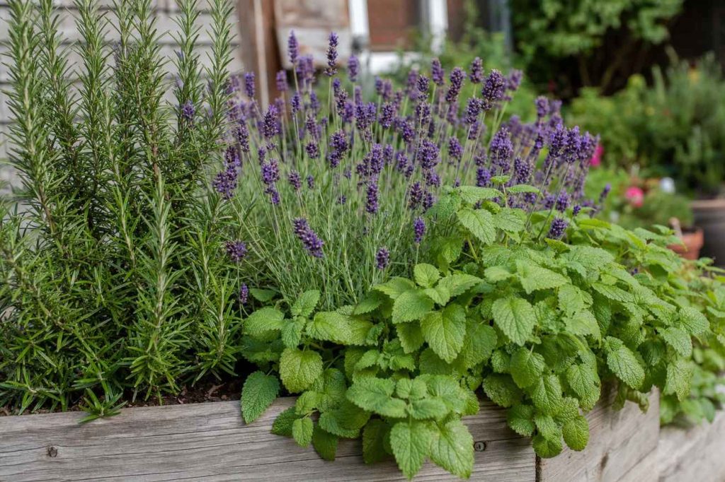 macro side view of flowering lavender and rosemary growing in a sunny garden bed