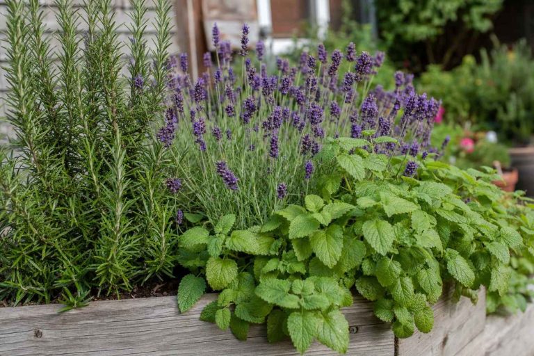 macro side view of flowering lavender and rosemary growing in a sunny garden bed