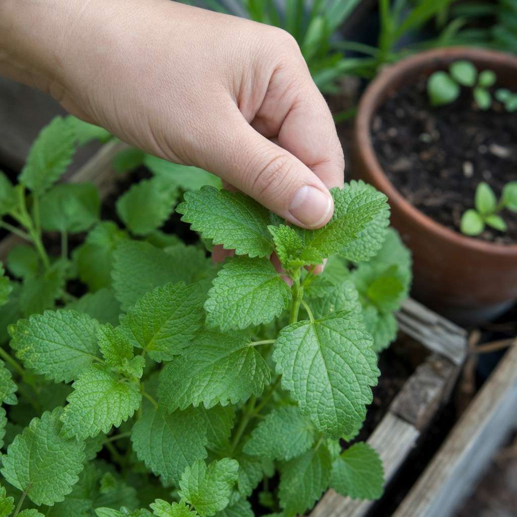 a hand gently brushing the leaves of a lemon balm plant