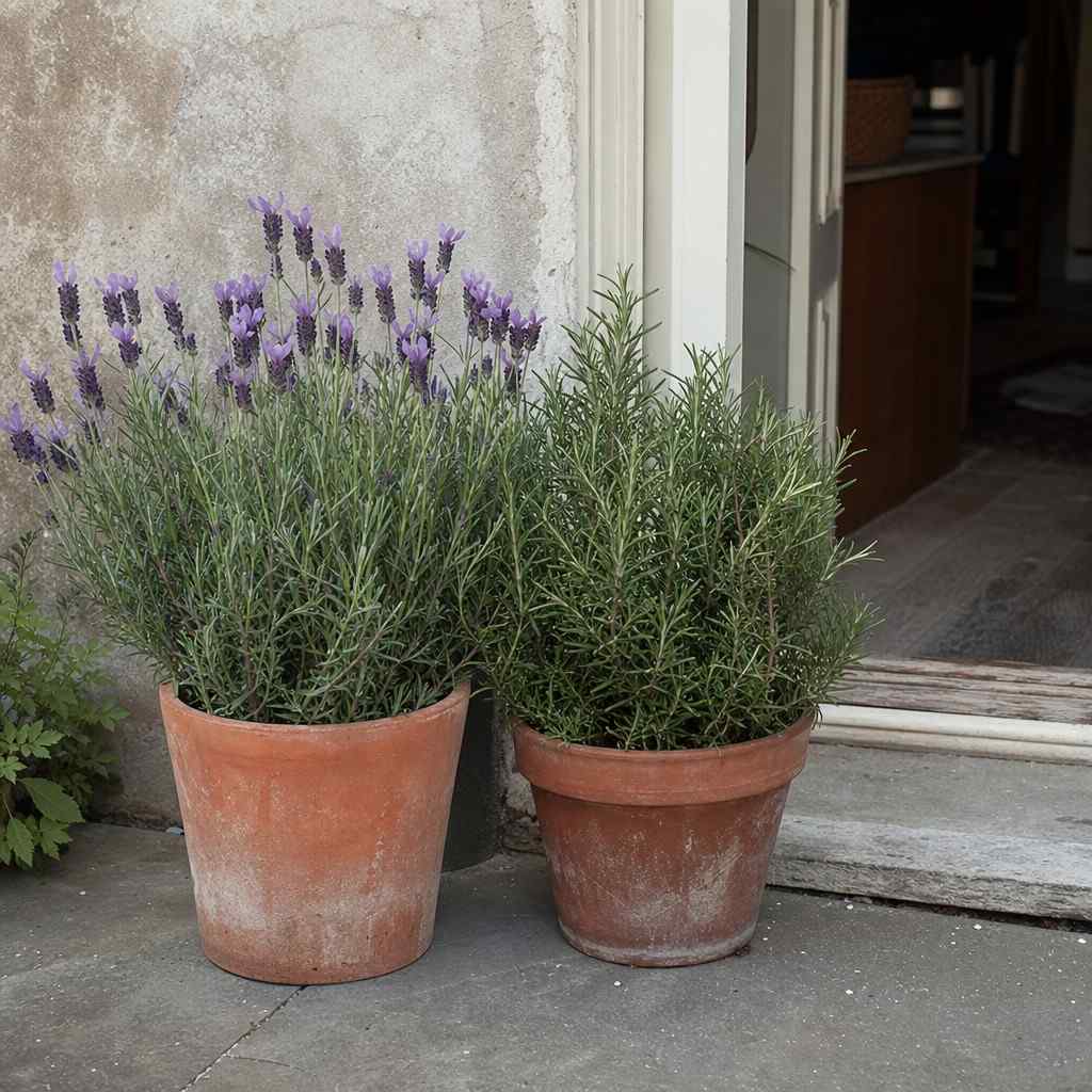 a pot of flowering lavender and a pot of rosemary beside a simple house doorway