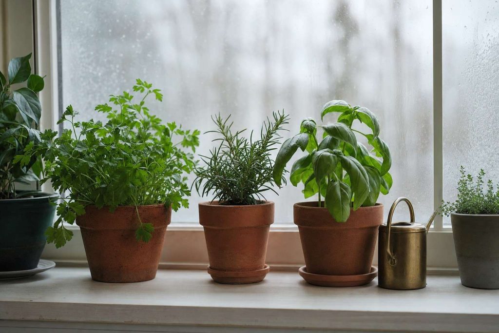 potted herbs and a small watering can on a bright windowsill with a frosted window behind