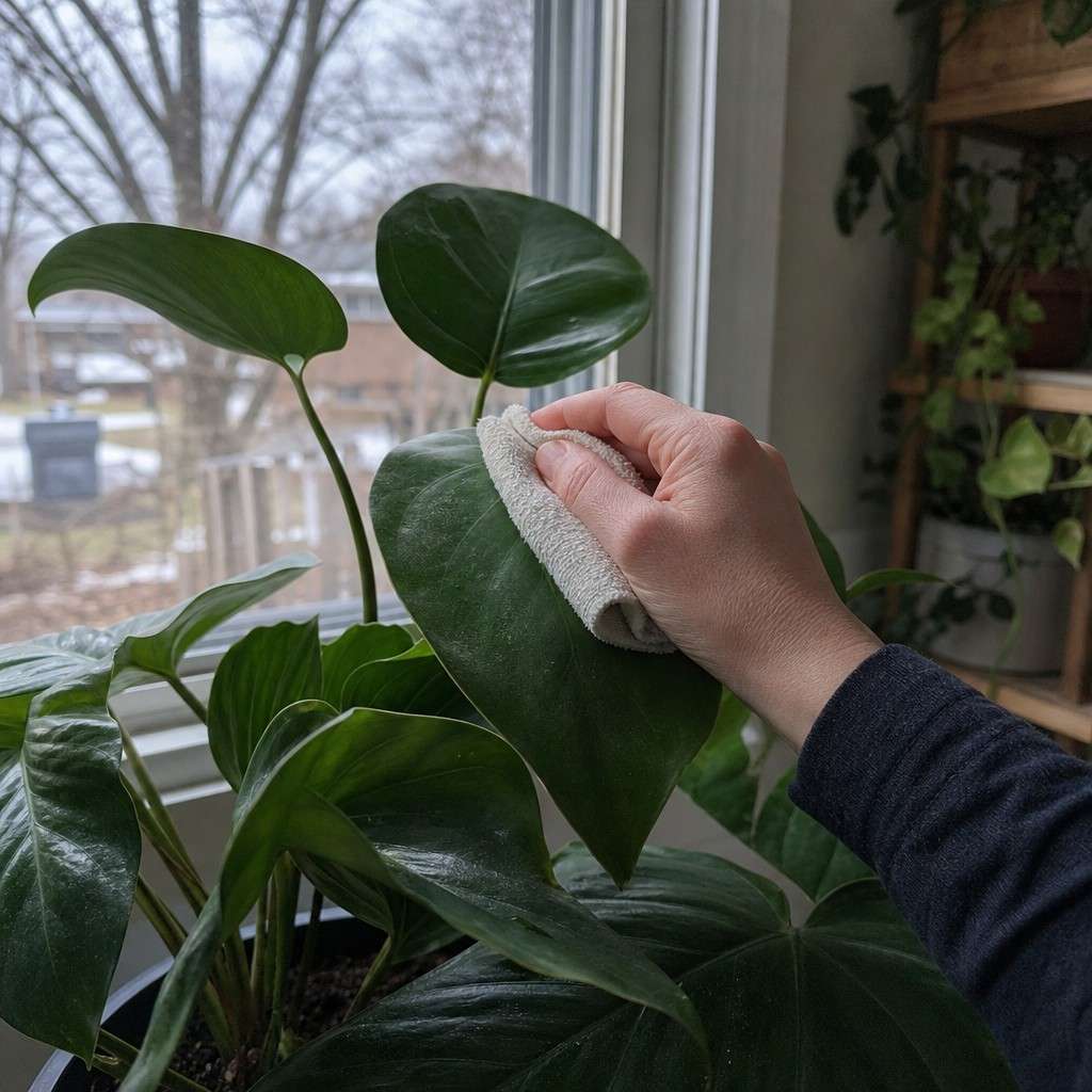 a hand wiping dust from the leaf of a green houseplant indoors on a grey winter day
