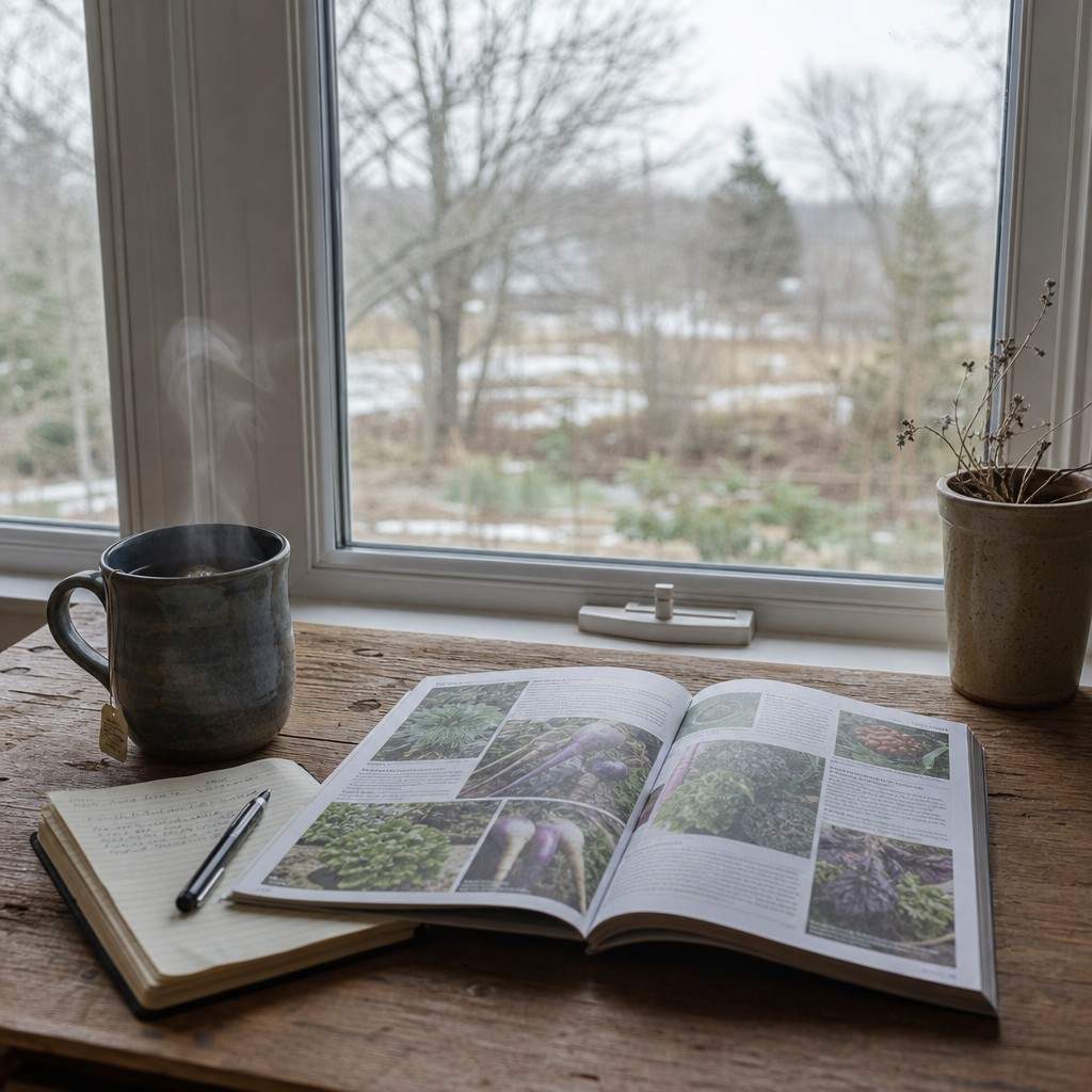 an open seed catalog, a notebook and a mug of tea on a wooden table by a window