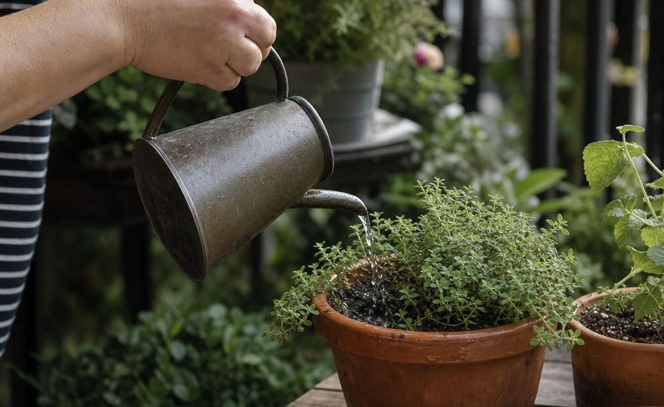 a hand tipping a small watering can over a potted herb on a patio in soft evening light