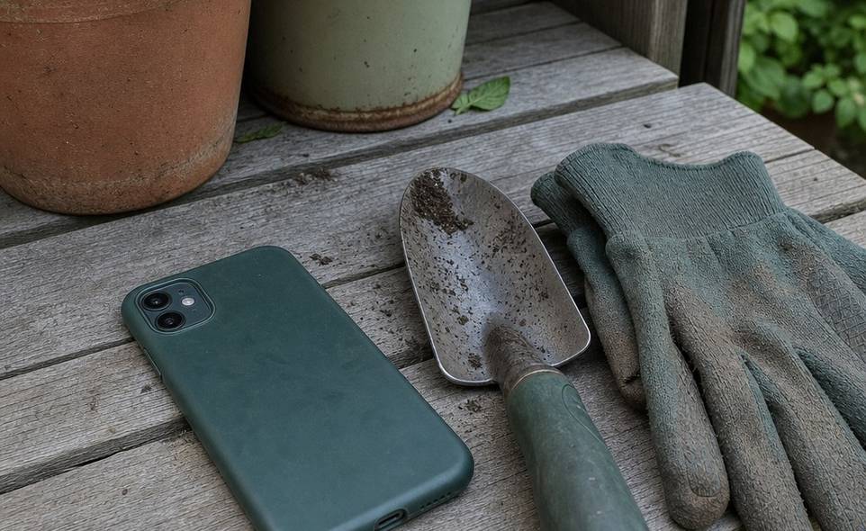 a phone lying face down beside a trowel and gloves on a weathered garden bench