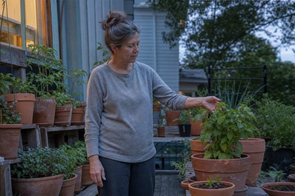 a person standing among container plants on a small patio at dusk, gently checking a leafy plant