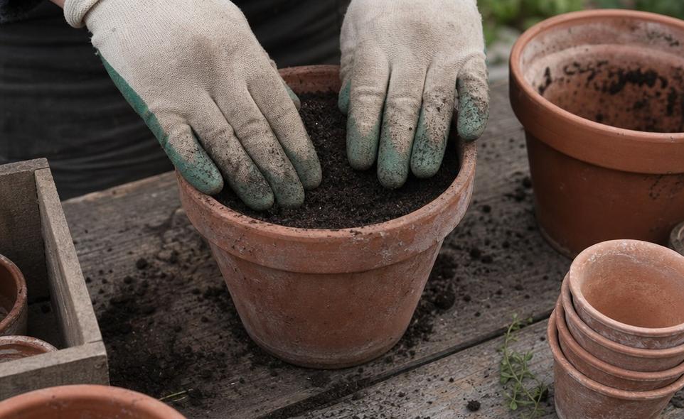 gloved hands pressing potting soil into a terracotta pot on a wooden table outdoors