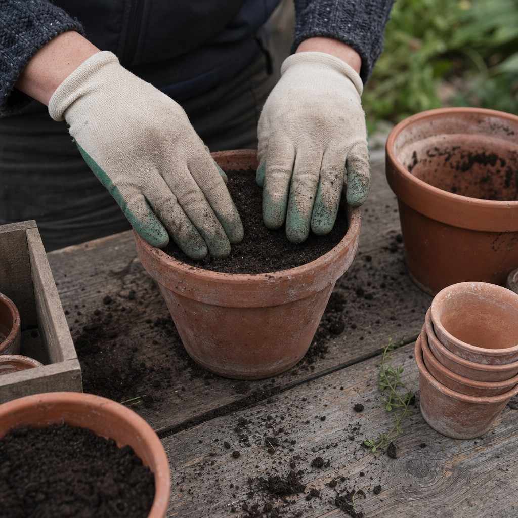 gloved hands pressing potting soil into a terracotta pot on a wooden table outdoors