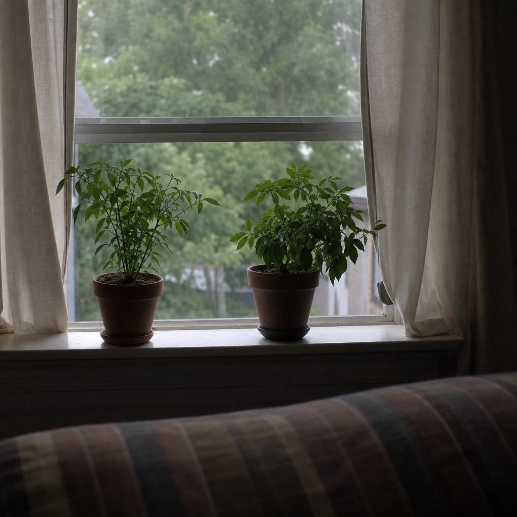 a quiet bedroom windowsill with two small potted plants and curtains drawn half closed in dim evening light