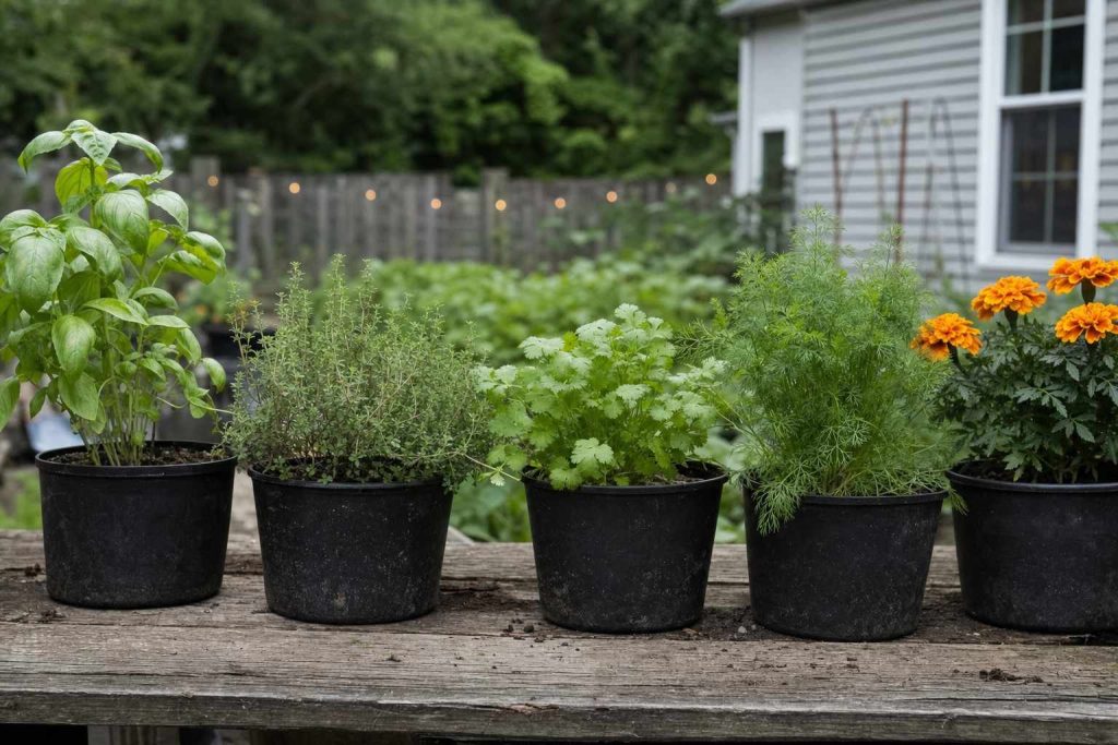 young herb and marigold plants in plain plastic nursery pots lined up on a weathered bench