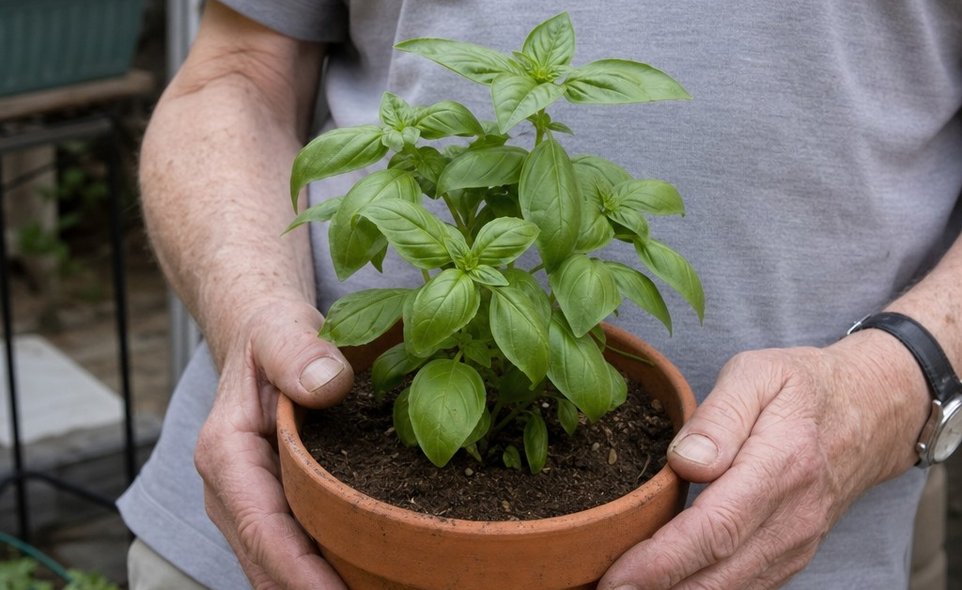 a pair of hands holding a single small potted herb
