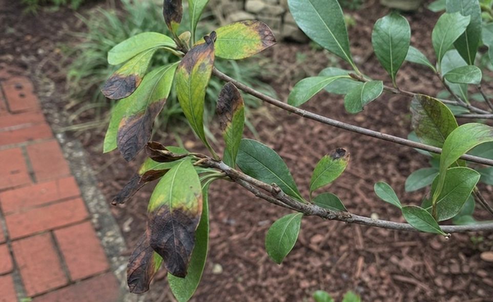 blackened frost-damaged leaf tips on the end of a branch