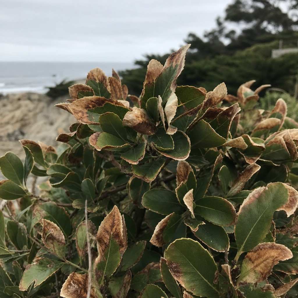 salt-burned brown leaf edges on a shrub near the coast