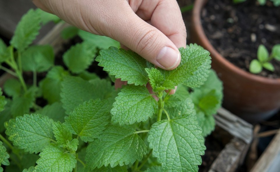 a hand gently brushing the leaves of a lemon balm plant