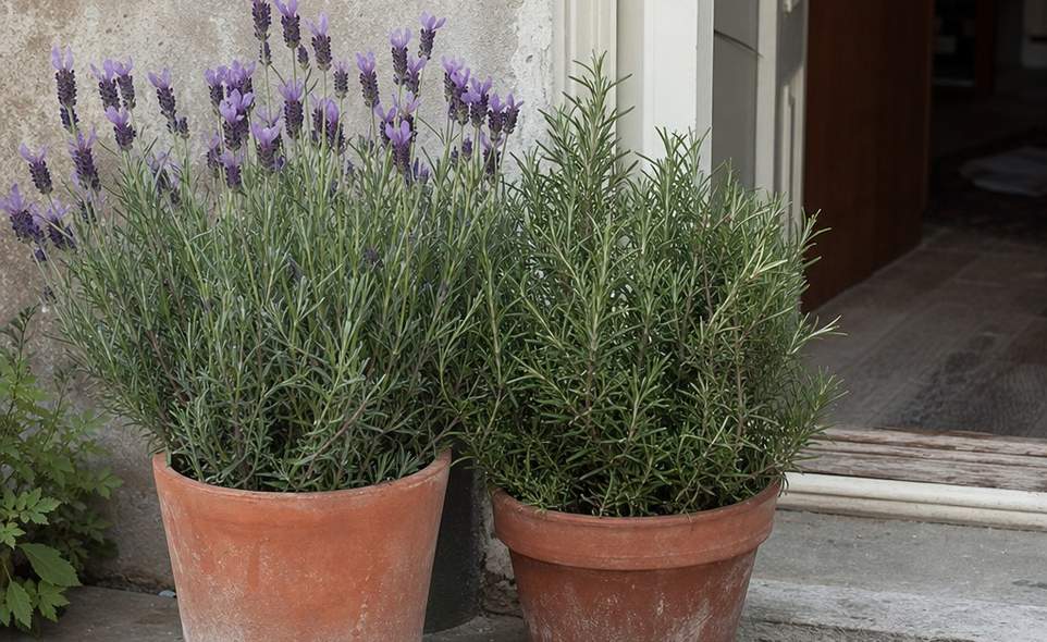 a pot of flowering lavender and a pot of rosemary beside a simple house doorway