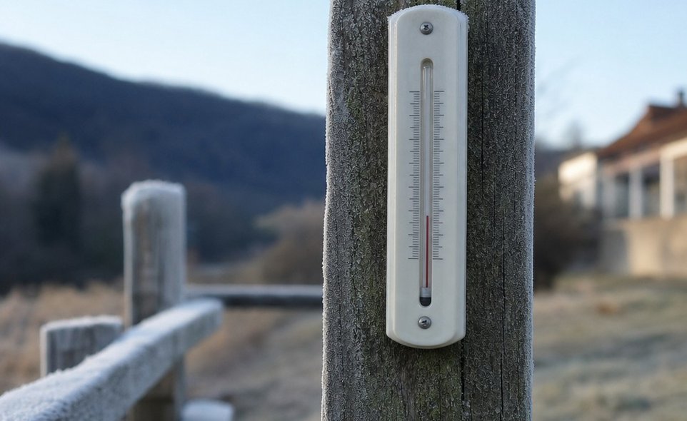 a simple outdoor thermometer on a fence post on a cold clear morning