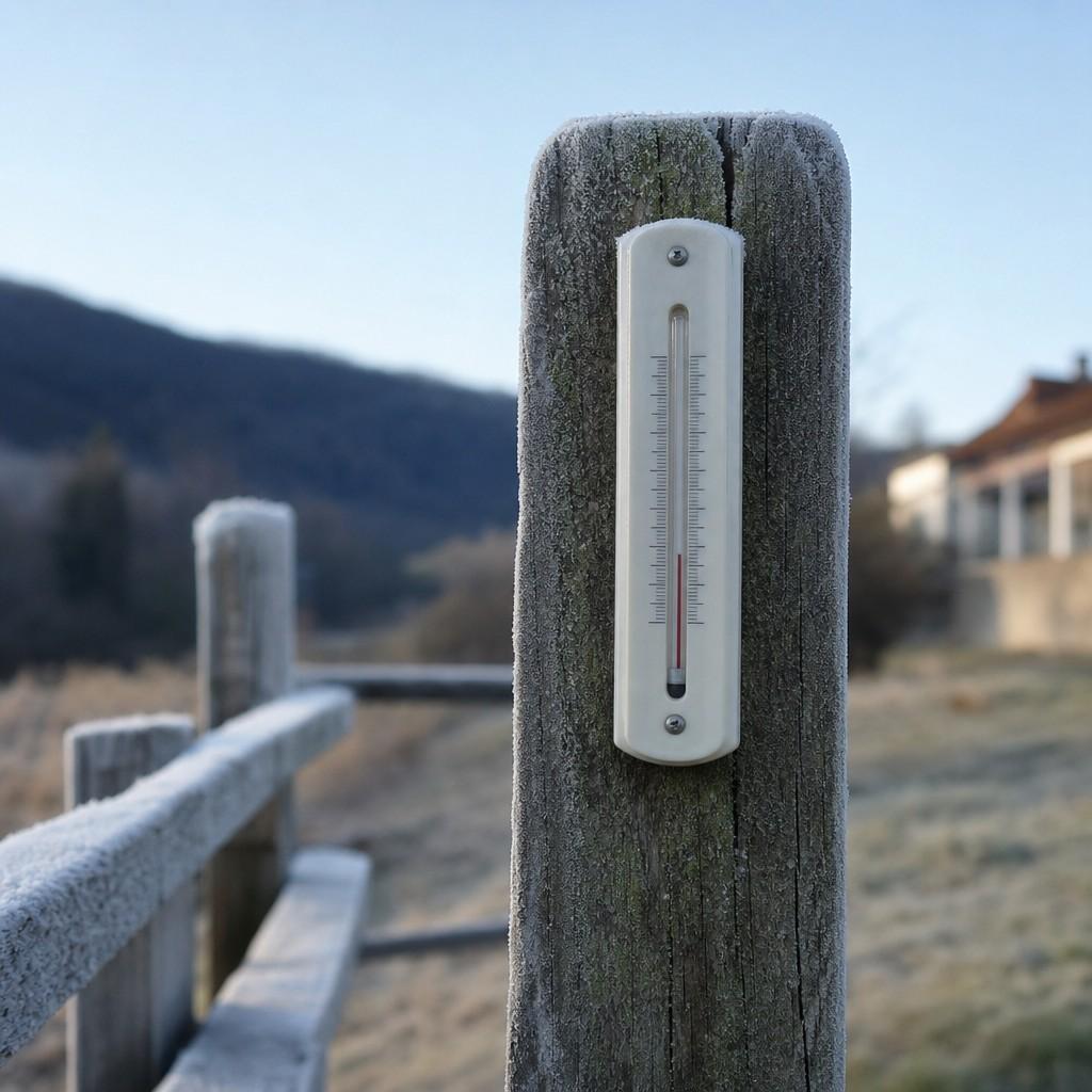 a simple outdoor thermometer on a fence post on a cold clear morning
