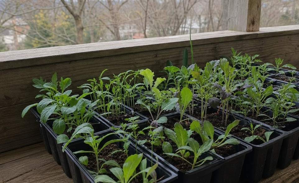 young seedlings in trays waiting on a sheltered porch in early spring