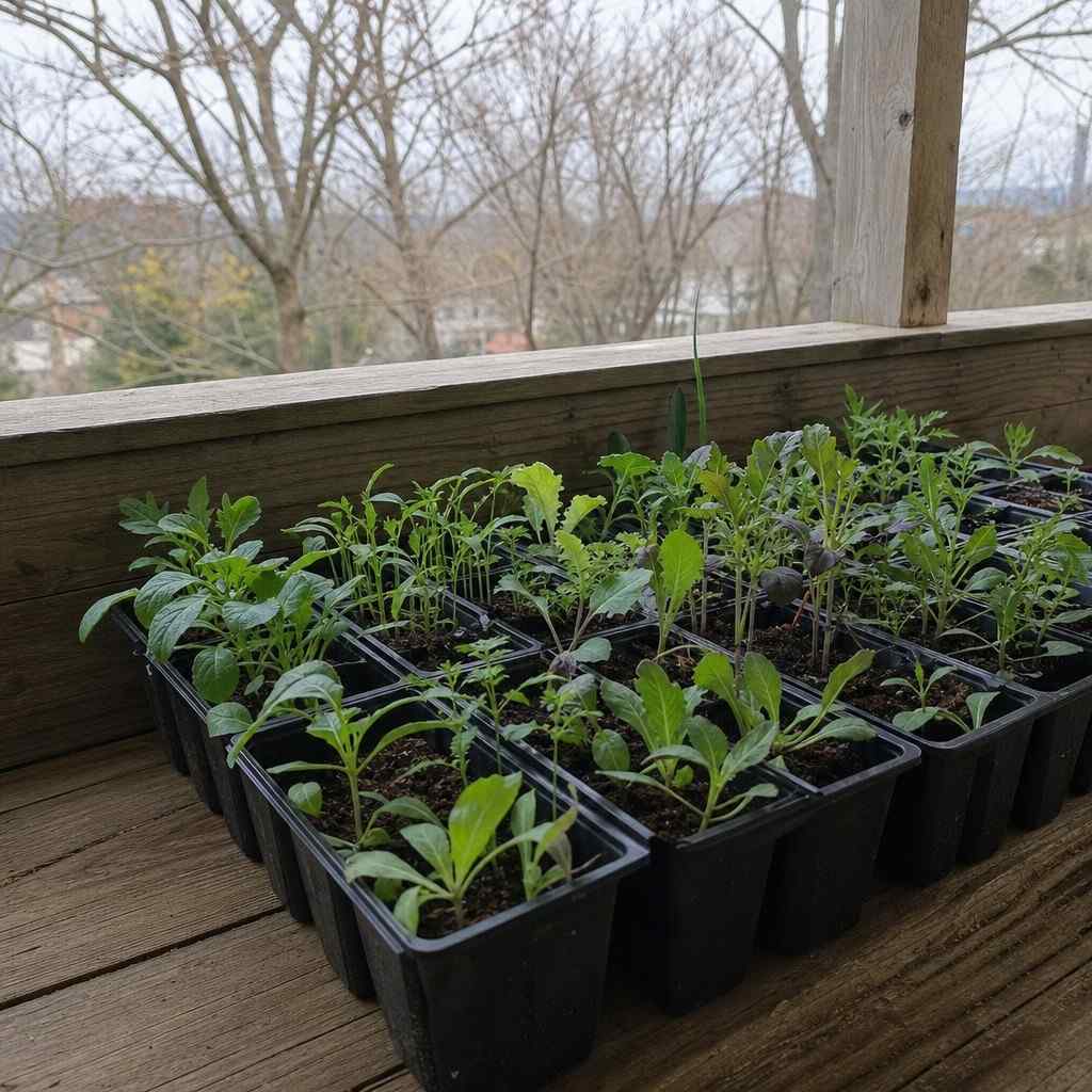 young seedlings in trays waiting on a sheltered porch in early spring