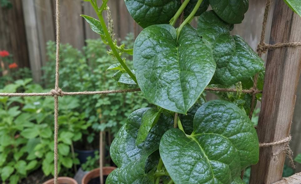 broad green Malabar spinach leaves climbing a simple string trellis