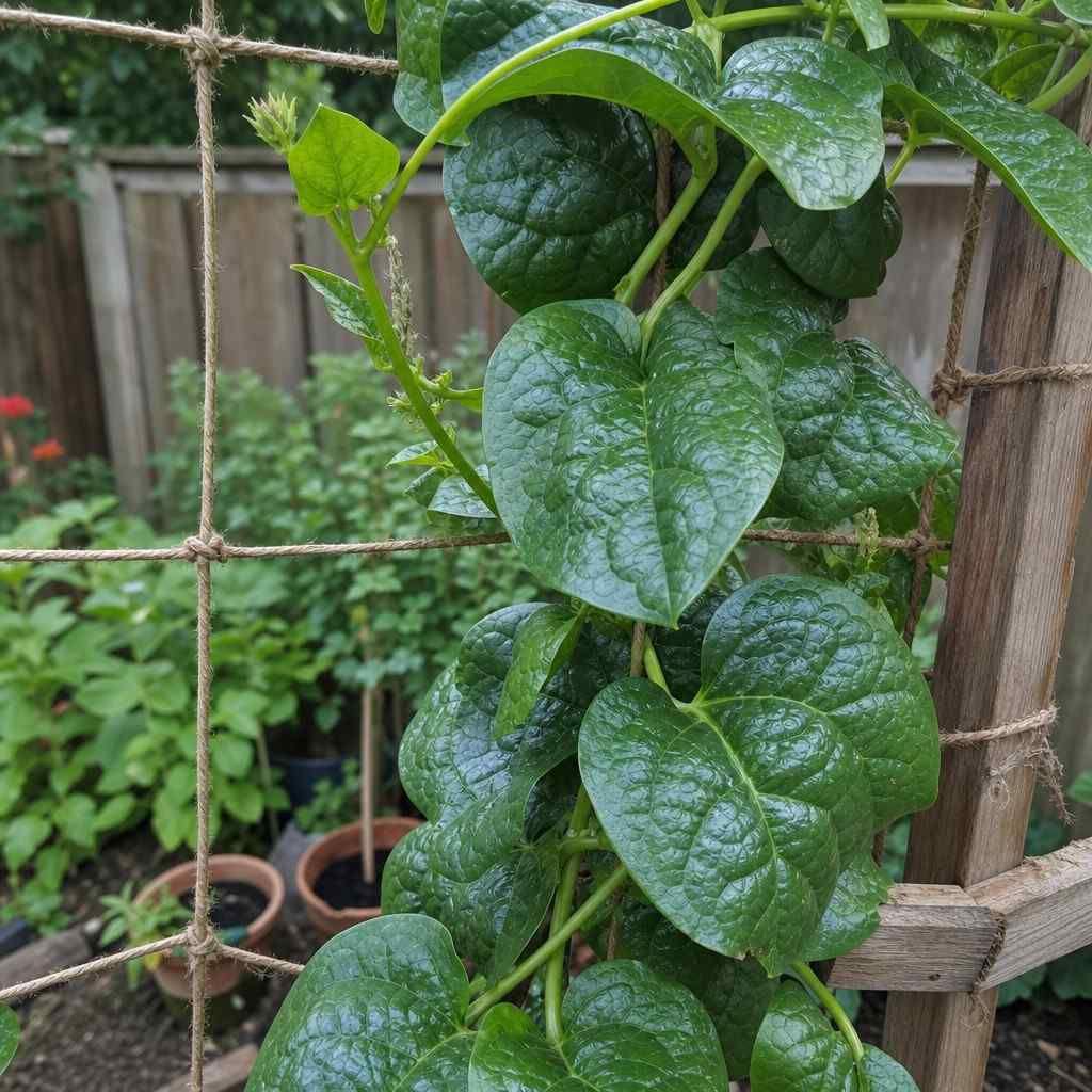 broad green Malabar spinach leaves climbing a simple string trellis