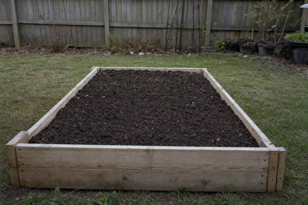 one simple untreated timber raised bed newly filled with dark soil and not yet planted