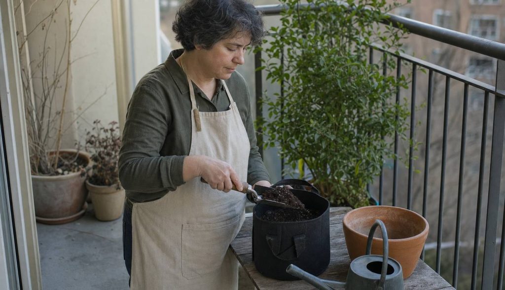 a person at a small balcony table filling a fabric pot with potting mix, a trowel and watering can nearby
