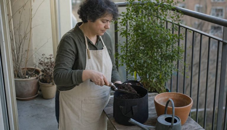 a person at a small balcony table filling a fabric pot with potting mix, a trowel and watering can nearby