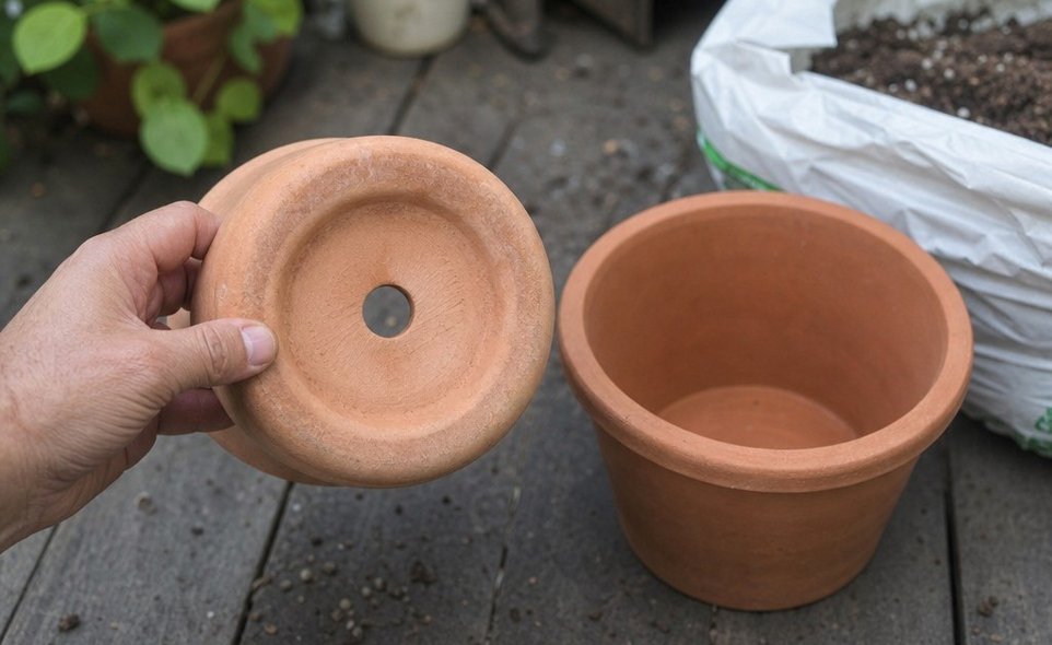 a hand turning over an empty pot to check the drainage hole in the base