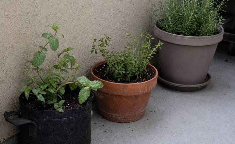 three planted pots lined along a balcony wall in soft morning light