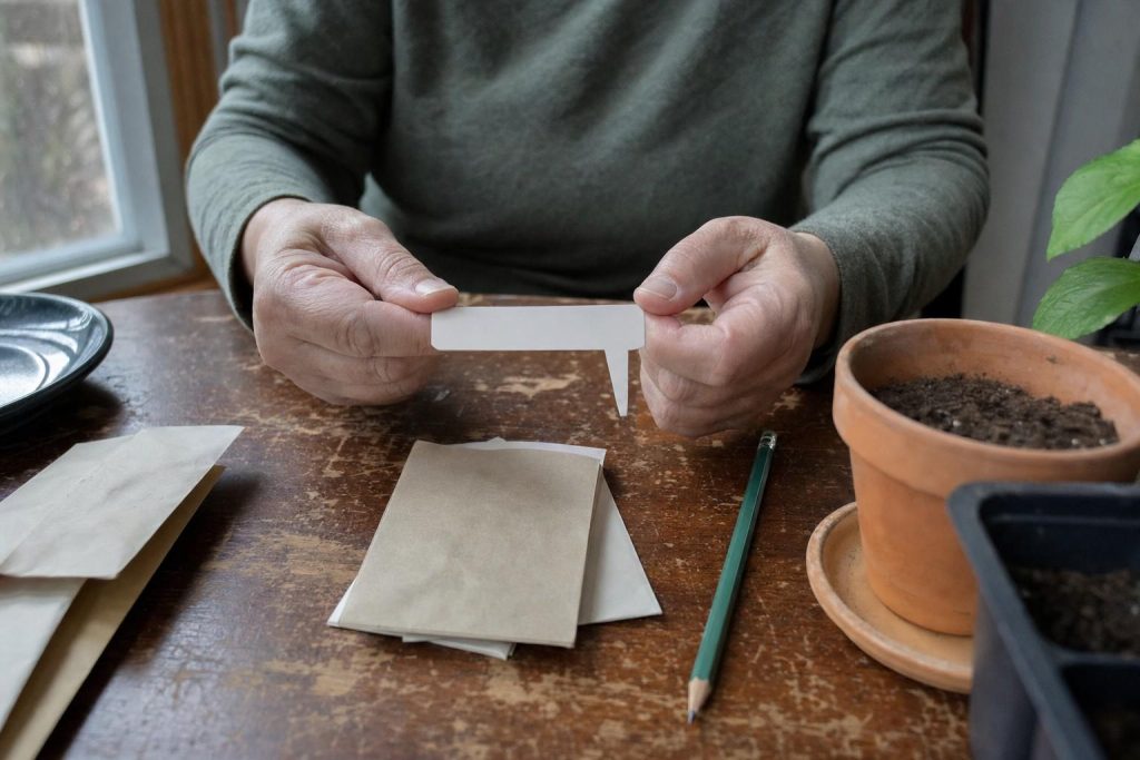 a pair of hands holding a nursery plant tag at a kitchen table with seed packets nearby