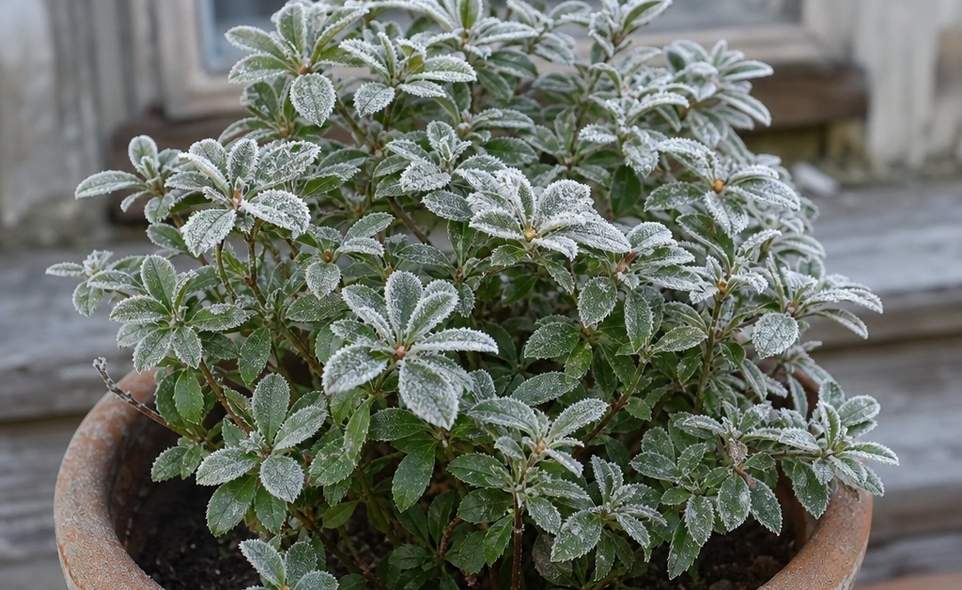 frost on the leaves of a potted plant left outside on a cold morning