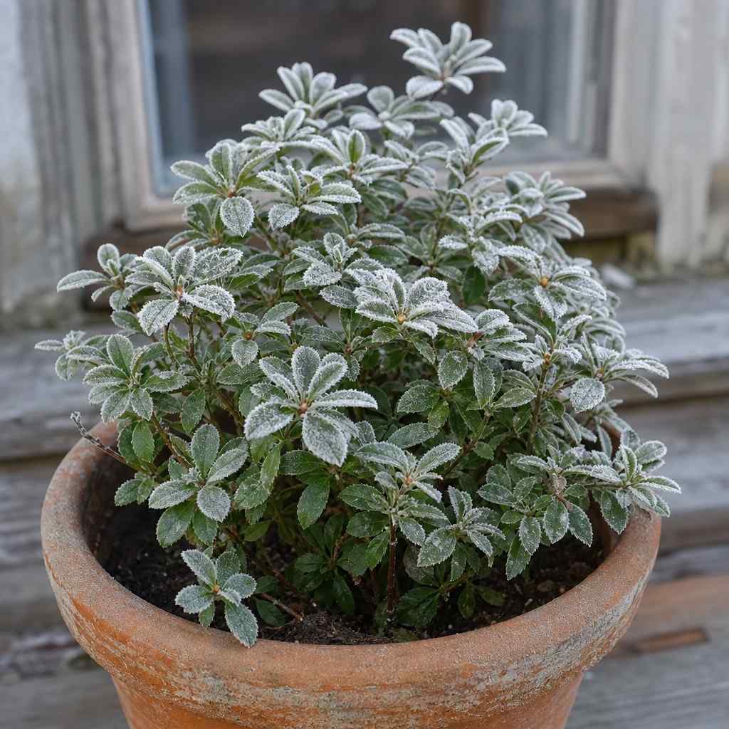 frost on the leaves of a potted plant left outside on a cold morning