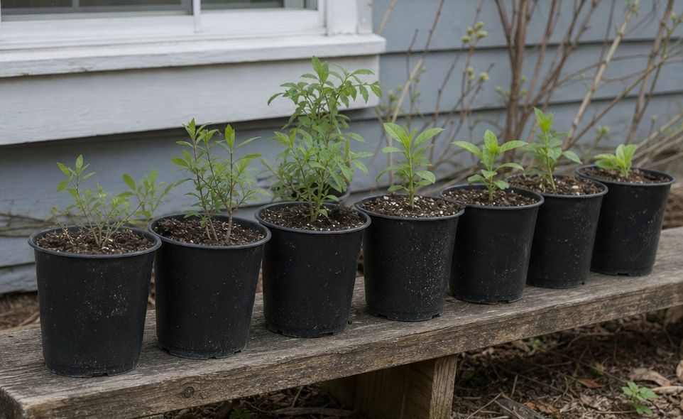 a row of young plants hardening off on a low outdoor bench in spring
