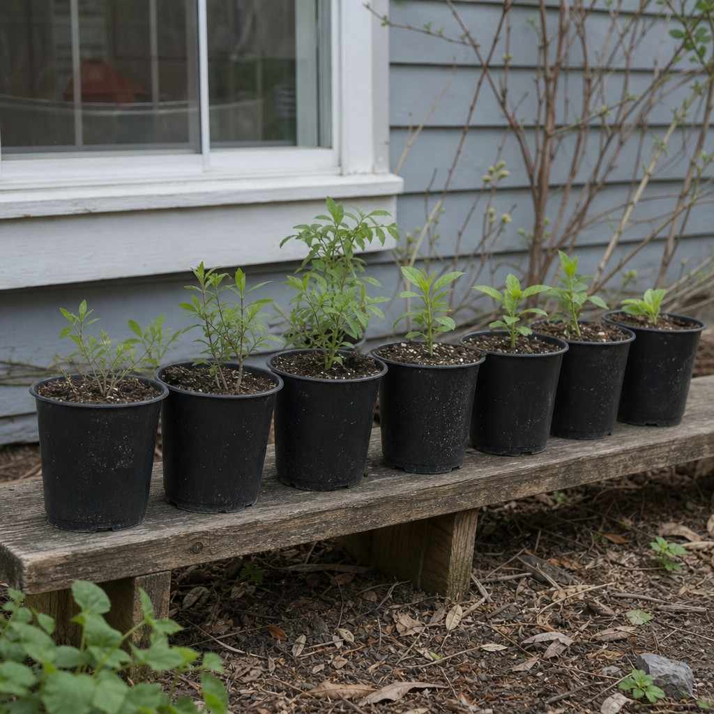 a row of young plants hardening off on a low outdoor bench in spring