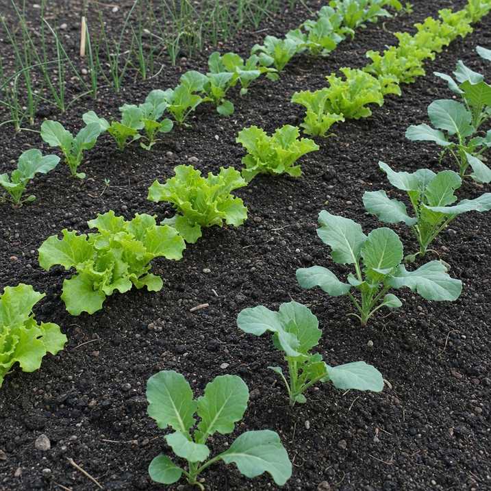 rows of young lettuce and brassica seedlings in dark soil