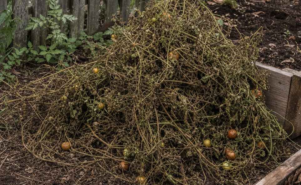 spent tomato plants pulled up and stacked at the edge of a garden bed