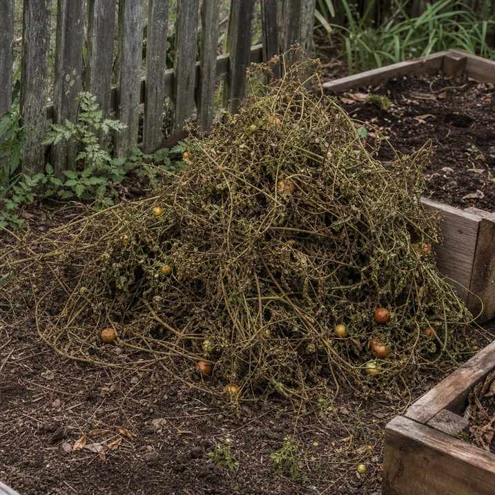 spent tomato plants pulled up and stacked at the edge of a garden bed