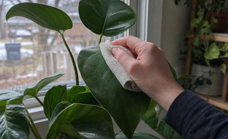 a hand wiping dust from the leaf of a green houseplant indoors on a grey winter day