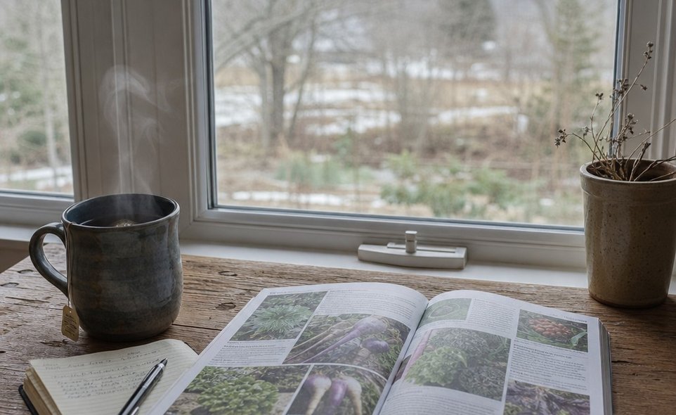 an open seed catalog, a notebook and a mug of tea on a wooden table by a window