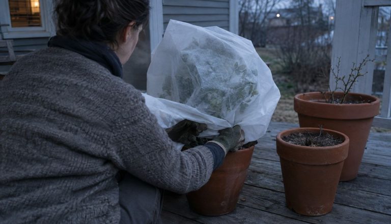 hands tucking a plain white fleece cover around a potted plant on a porch at dusk